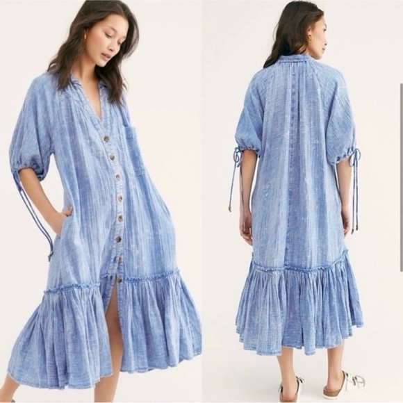 Free People Dresses & Skirts - Free People Maya Midi Shirt Dress in a blue wash in size xs, fits very oversized